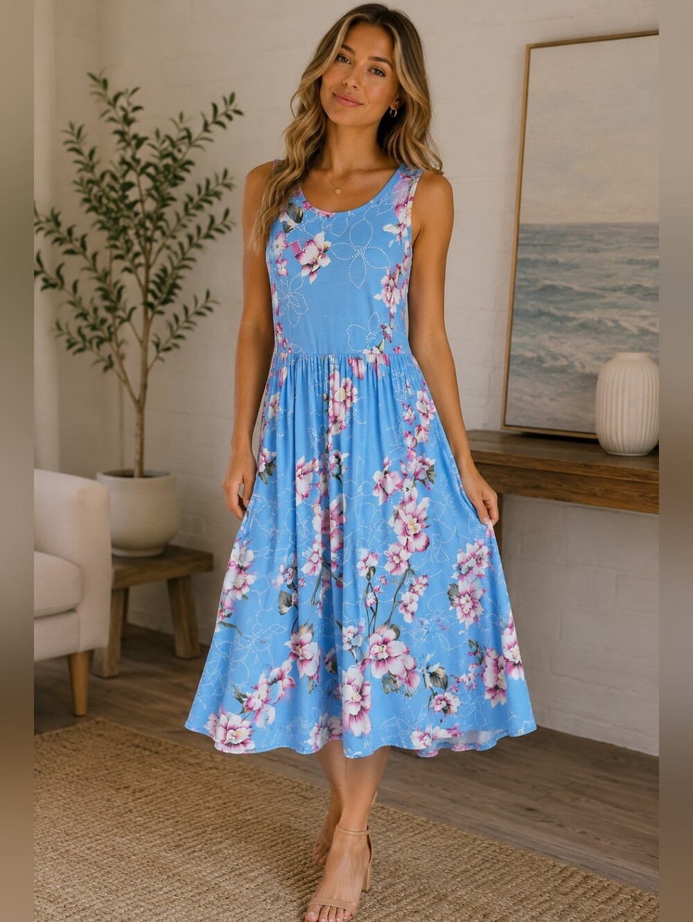 Blue Floral Sleeveless Midi Dress with Pink Flowers